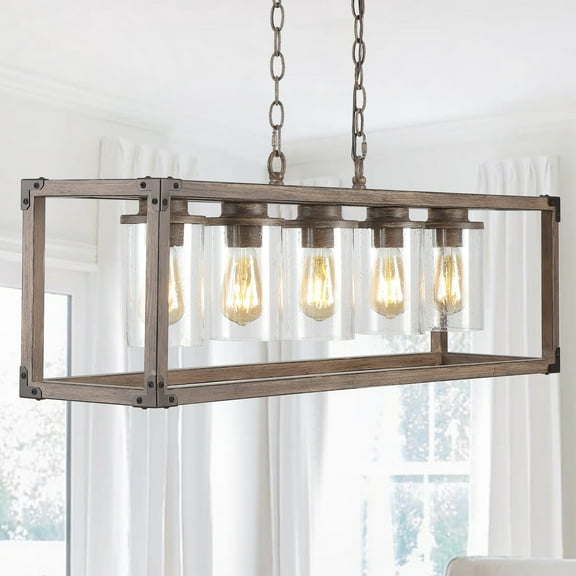 JONATHAN Y Zeniba 36" 5-Light Linear Adjustable Iron/Seeded Glass Rustic Farmhouse LED Pendant, Brown