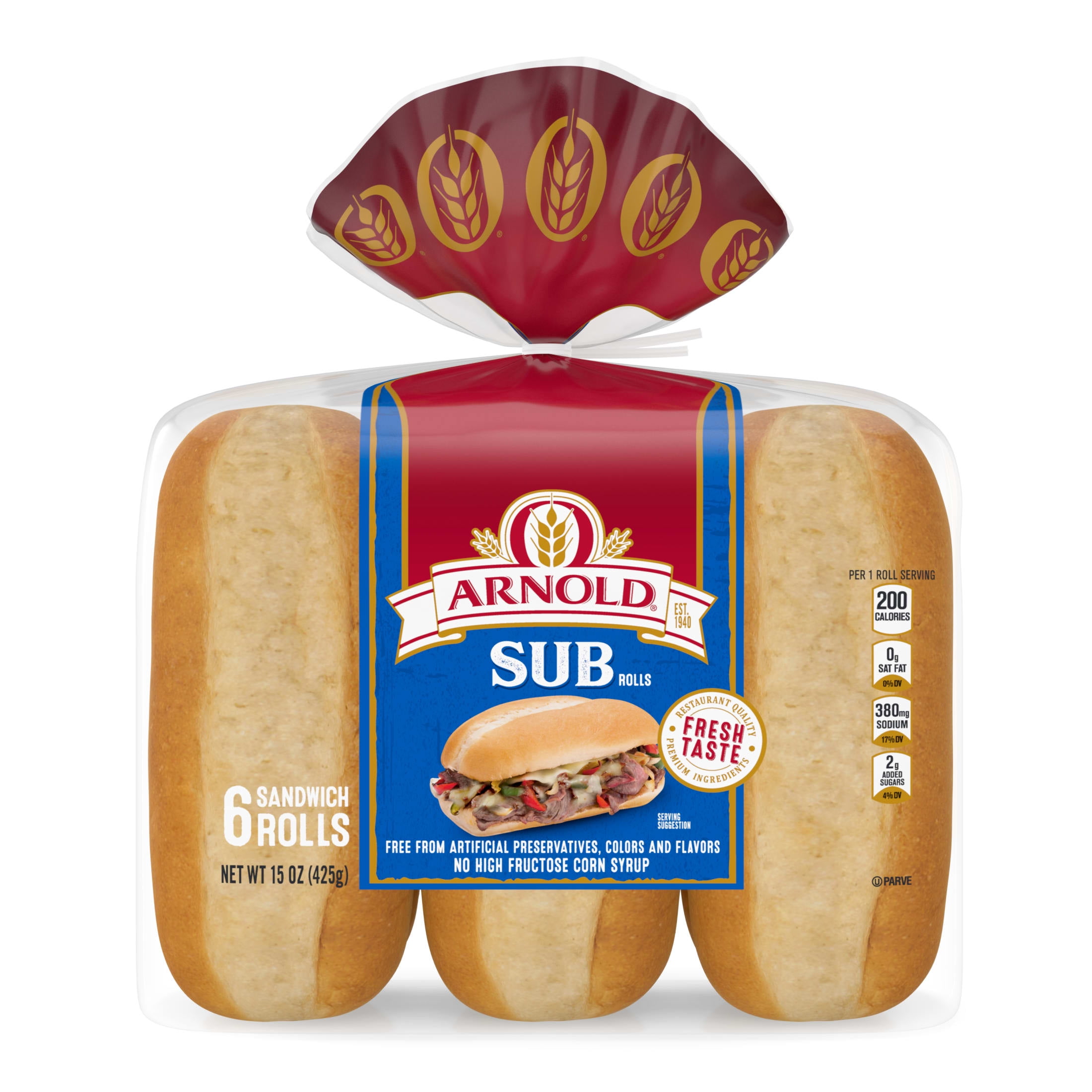 Arnold Sub Rolls, 6 count, Plain Sandwich Rolls, 15 oz Bag