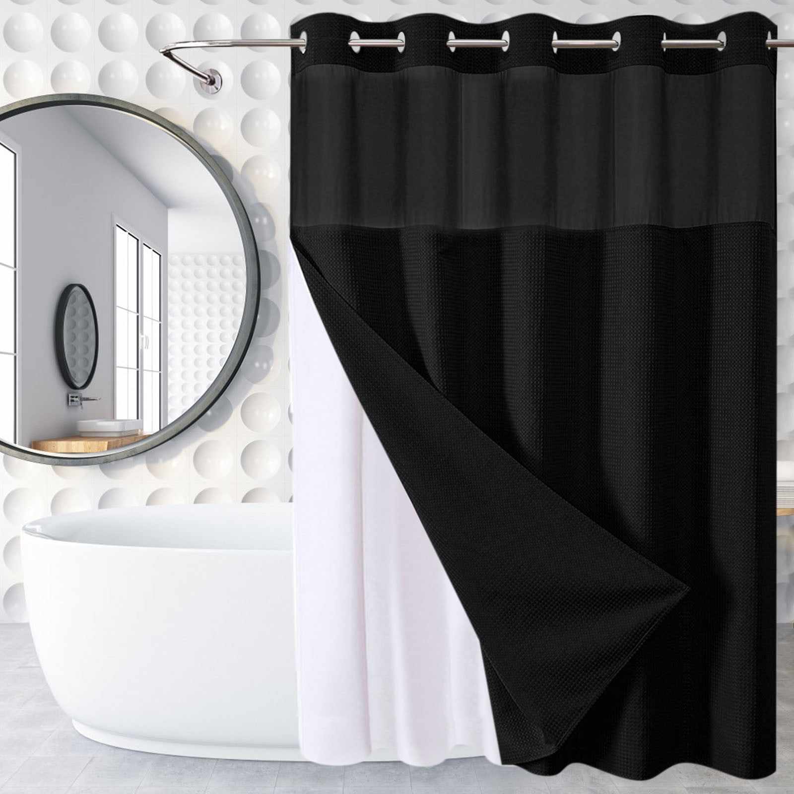 Waffle Weave Heavy Duty Shower Curtains, No Hook Shower Curtain with Snap in Fabric Liner, Hotel Style Waterproof Bathroom Curtain Set, 72 x 65 Inch