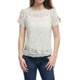 thumbnail image 4 of MODA NOVA Junior's Scalloped Trim Short Shirred Sleeves Sheer Floral Lace Blouse White L, 4 of 7