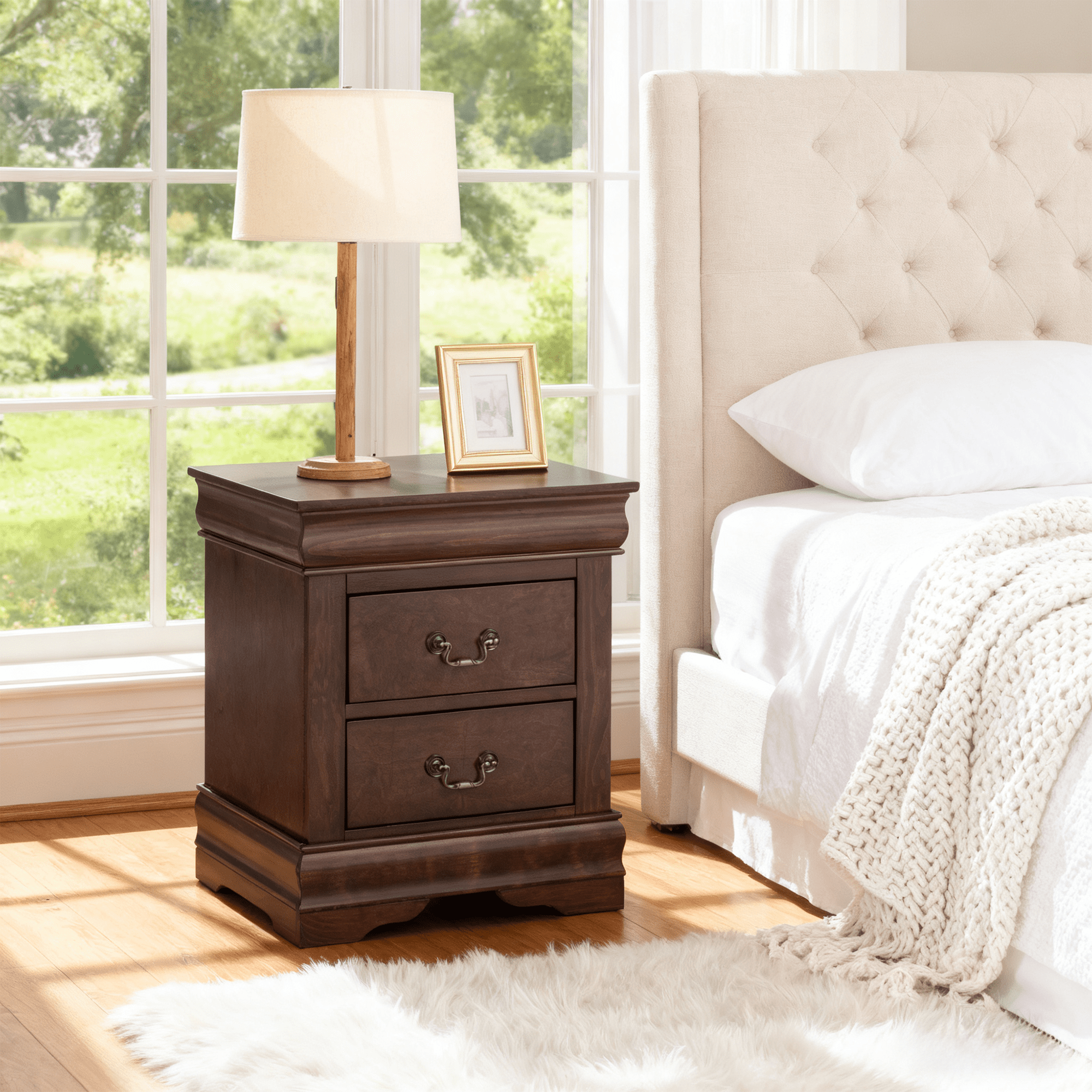 Leovanni Solid Wood Nightstand , End Table with Drawers and Metal Handles, No Assembly Required, For Bedroom, Living Room, Adult, Cherry