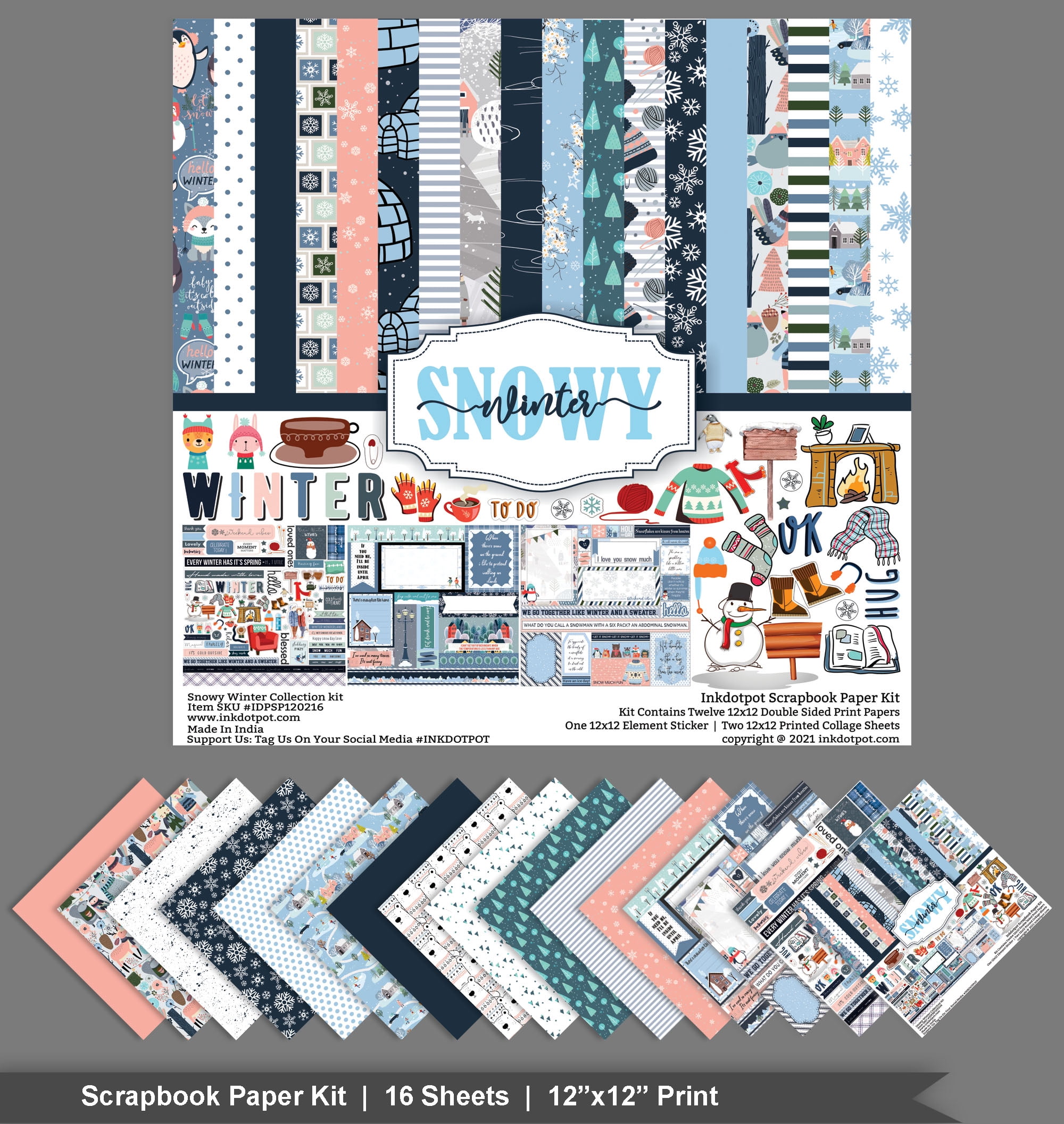 Inkdotpot Winter Theme Collection Double-Sided Scrapbook Paper Kit Cardstock 12"x12" Card Making Paper Pack With Sticker Sheet - 16 Pages - Blue