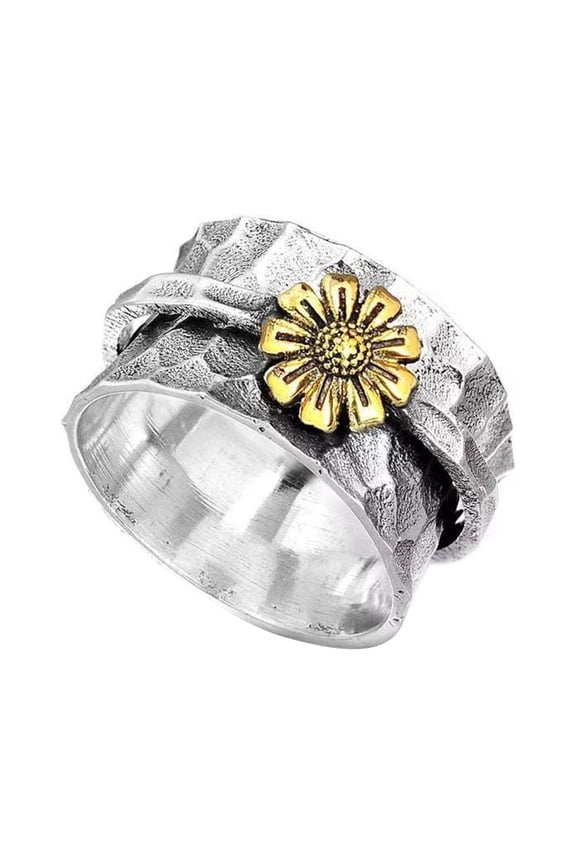 Daisy Silver Rotating Ring Floral Engraved Ring Stylish Jewelry Gifts for Women Meditation Stress Relieving