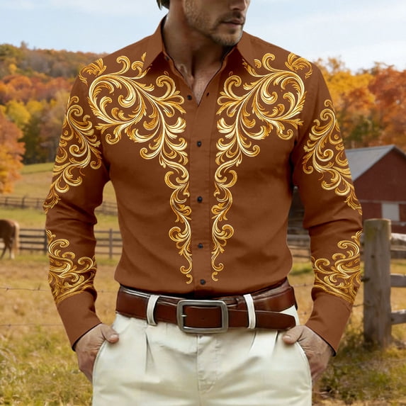 GJSYRH Mens Hipster Printed Slim Fit Long Sleeve Button Up Party Dress Shirts Brown S