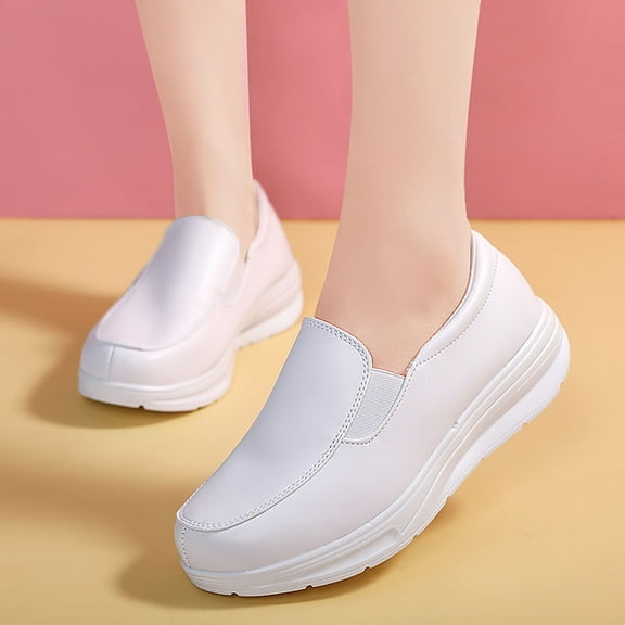 Hurxie Women's Pu Wedge Heel Nurse Shoes, Comfortable Round Toe Soft Sole Slip-On Walking Shoes for Work, Leisure, Shopping White 37