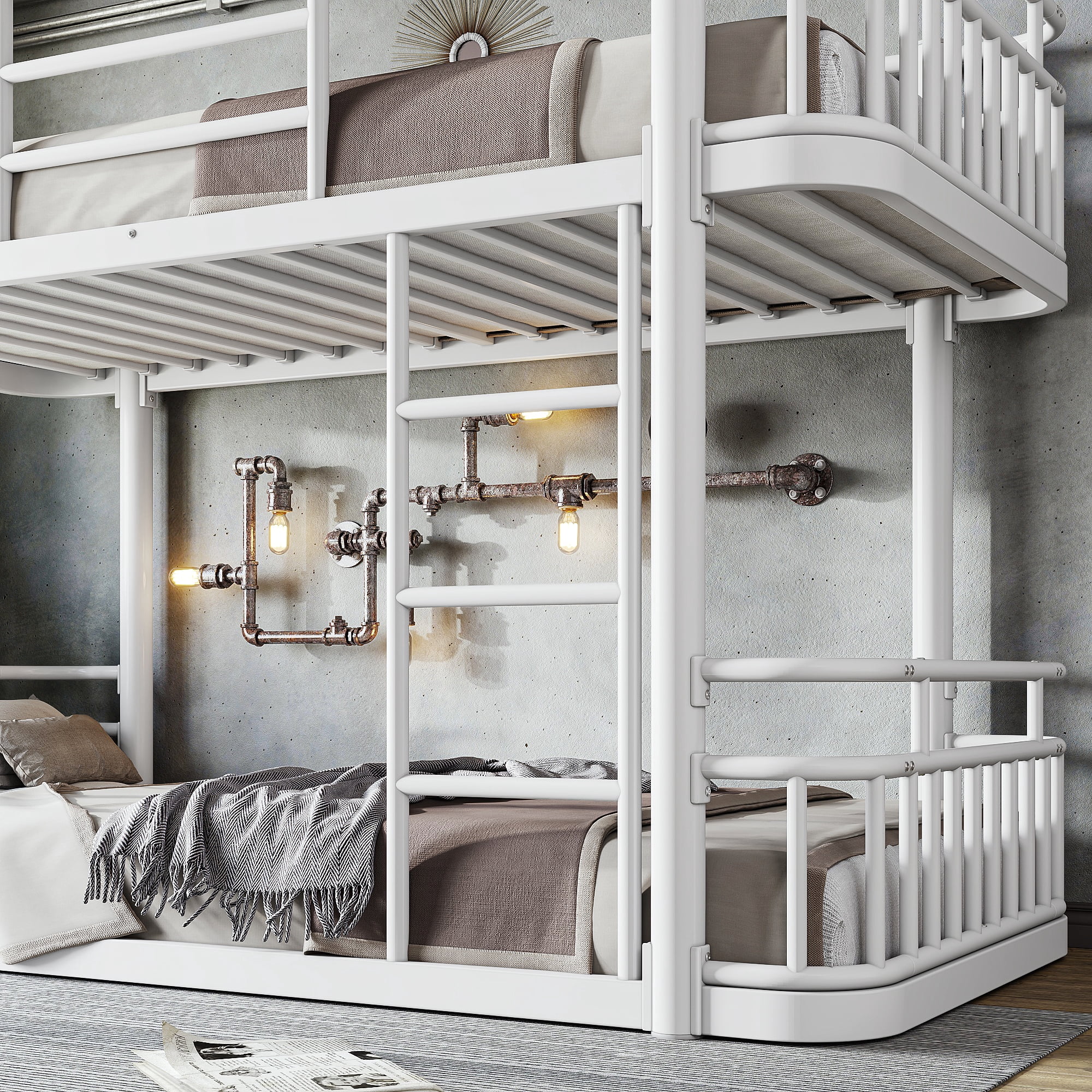 Leumius Twin XL over Twin XL Bunk Bed Frame with Ladders & Guardrails, Upgraded Round-Pipe Metal Frame, Stylish & Versatile for Any Room,White