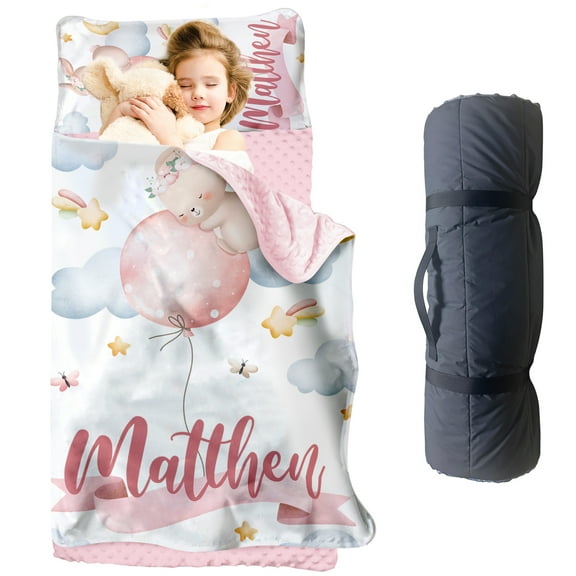Personalized Toddler Nap Mat for Girls, Custom Name Kids Nap Mat with Balloon Rabbit Pattern, Daycare Sleeping Mats with Removable Pillow &Soft Minky Dot Blanket for Preschool Travel Kindergarten
