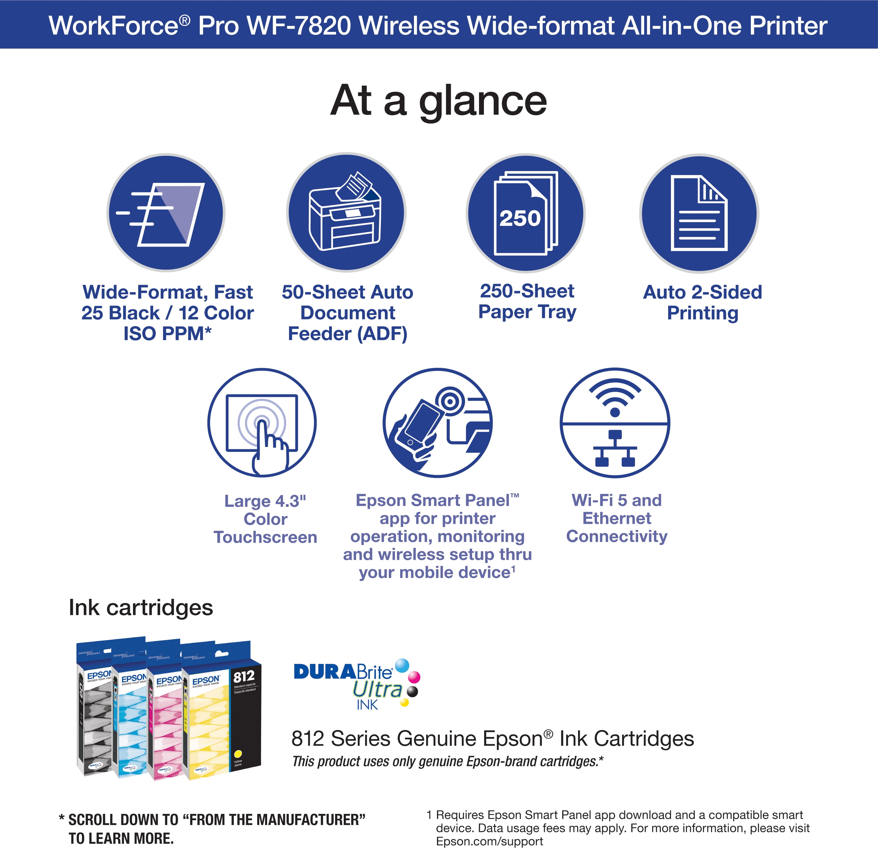 Epson WorkForce Pro WF-7820 Wireless All-in-One Wide-format Printer with Auto 2-sided Print up to 13" x 19", Copy, Scan and Fax, 50-page ADF, 250-sheet Paper Capacity, and 4.3" Color Touchscreen