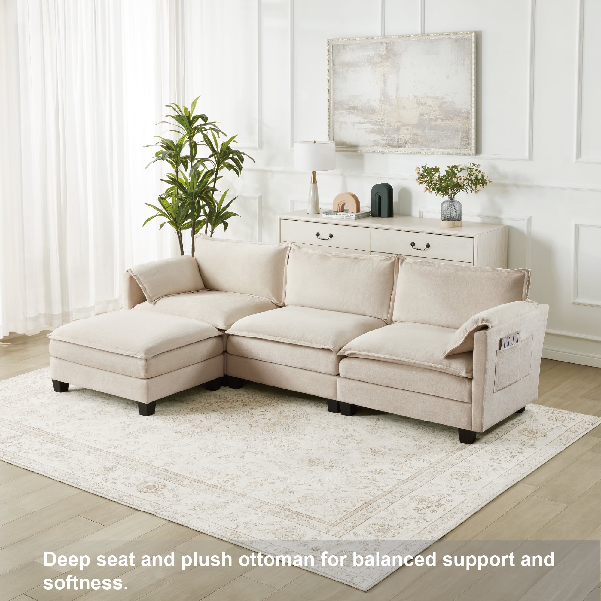 AISWORD 107.4" L Shaped Modular Sectional Sofa with Movable Ottoman & Side Storage Pockets, 4 Seat Convertible Set for Living Room & Office, Beige