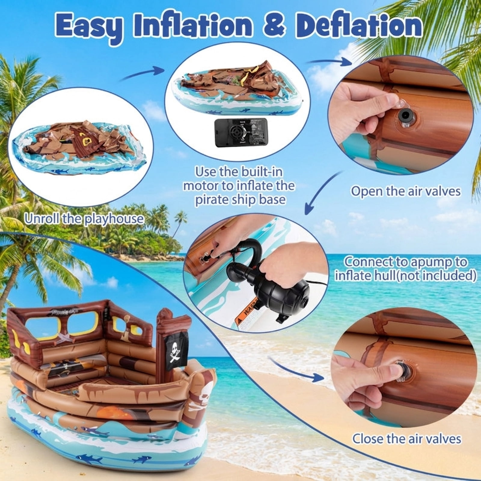 Redsmile Inflatable Pirate Ship Playhouse for Toddlers, Indoor Playground with Built-in Motor, Toy Sword and Pirate Hat, Kids Play Tent for 2 Kids 3+, Christmas Gift, Brown