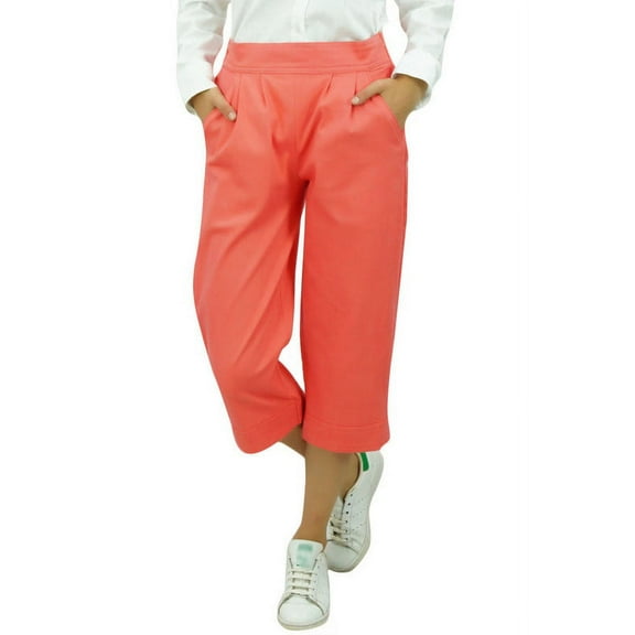 Bimba Women's Casual Solid Culotte Capri Pants Cotton Spandex With Back Elastic & Pockets Peach - Small