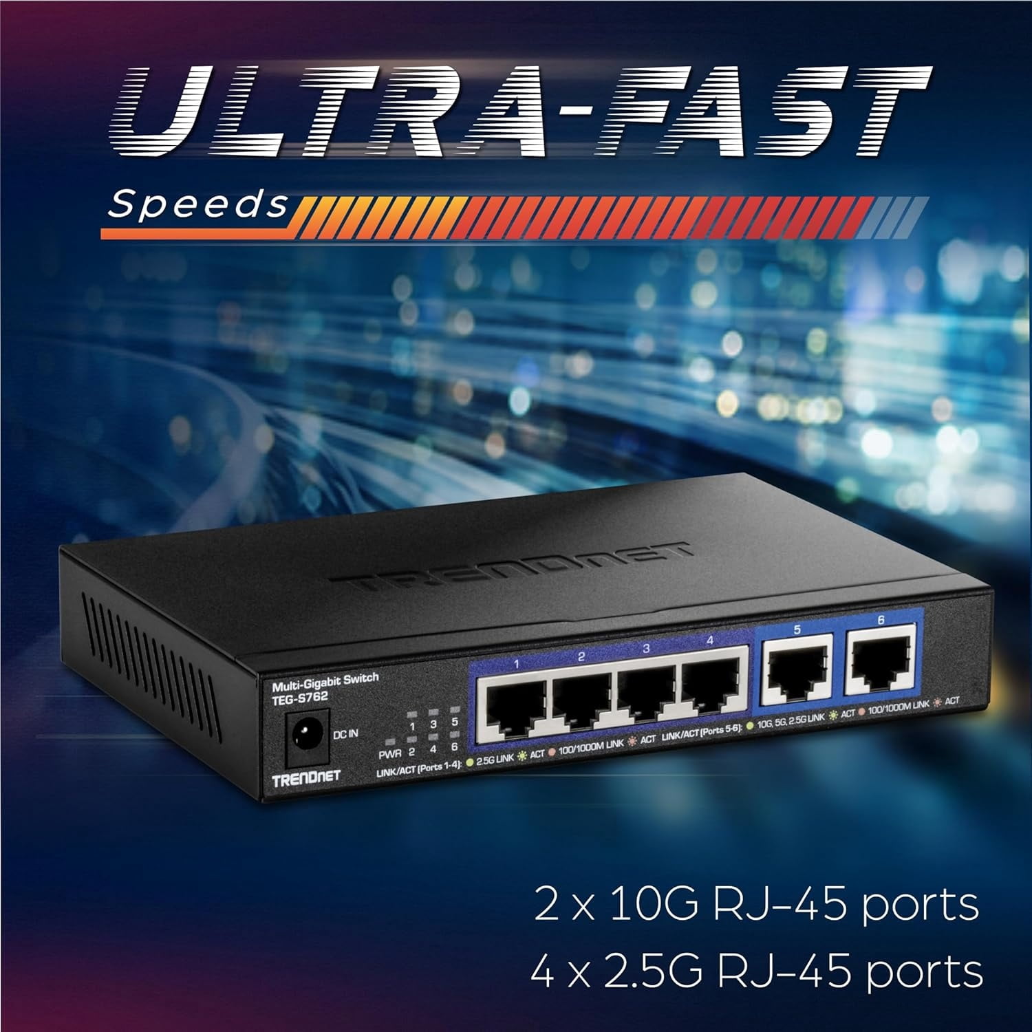 TRENDnet TEG-S762 6-Port Multi-Gig Network Switch with 2.5 G and 10 G for RJ45 Ports, Black