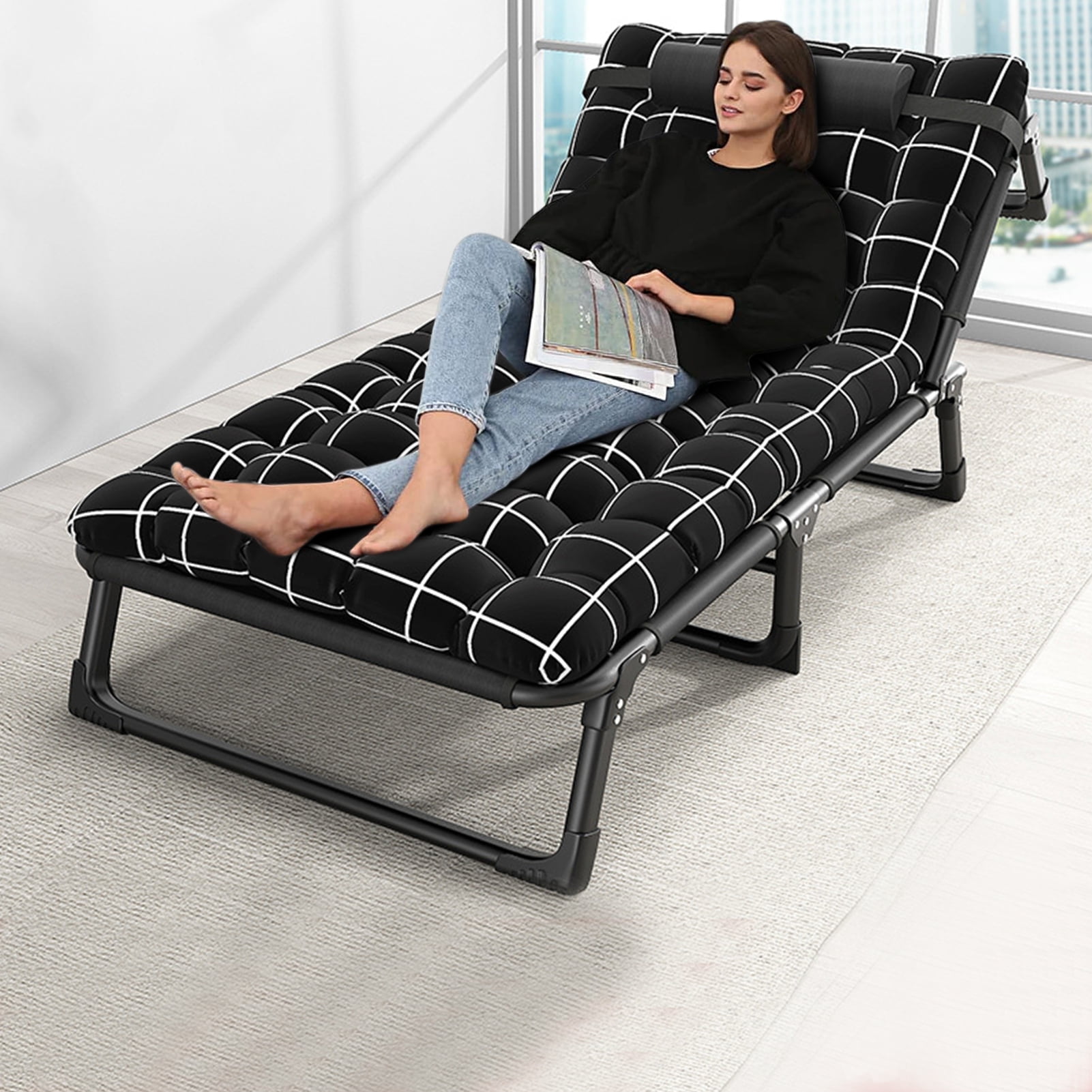 Foldable Lounge Chair Folding Chaise Portable Camping Cot Adjustable 4-Position with Pillow Lightweight Indoor Reclining Chair Outdoor Lounge Chair Sleeping Cot Bed for Office Pool Beach Camping