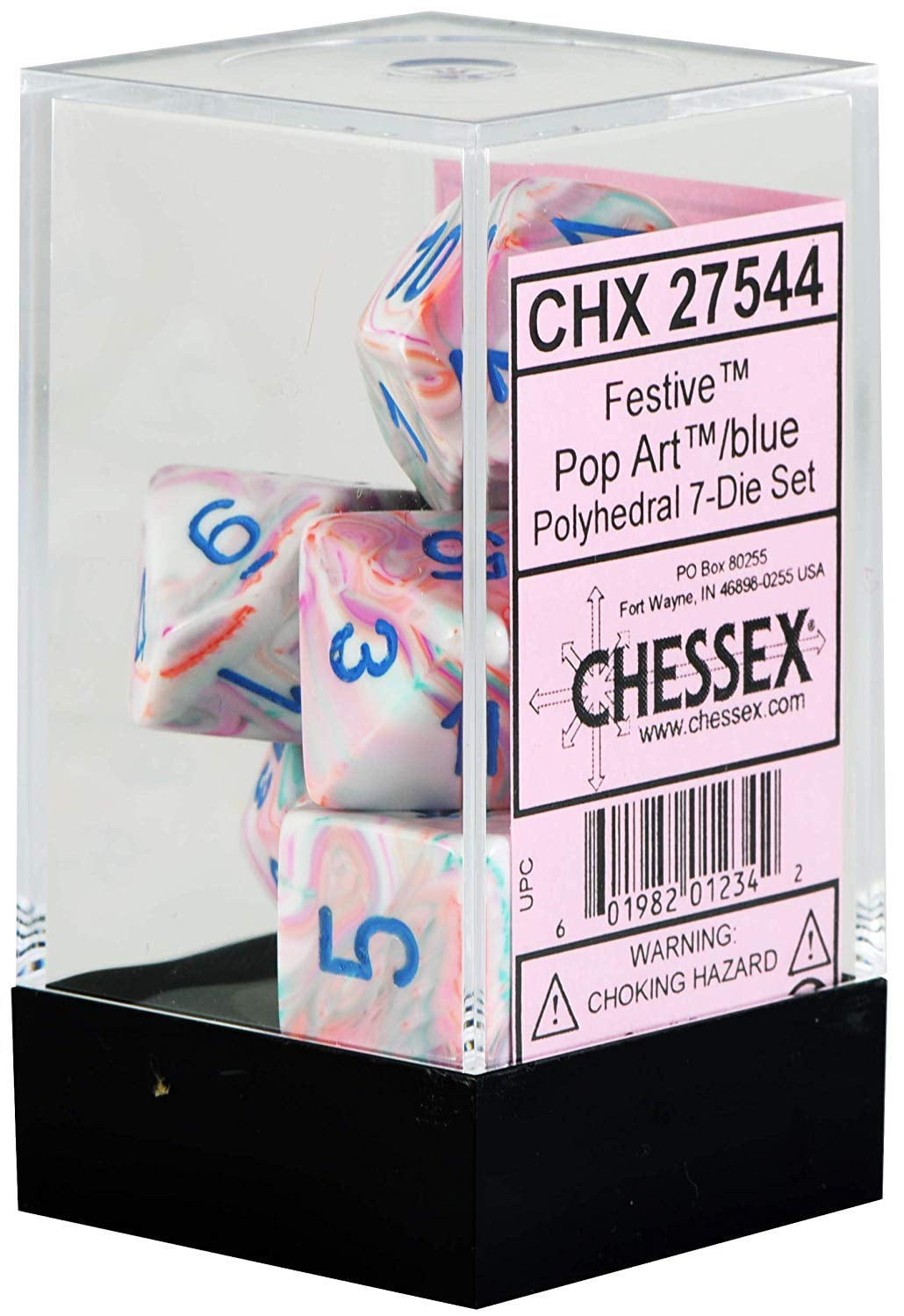 Polyhedral 7-Die Festive Chessex Dice Set Pop Art with Blue Numbers 
