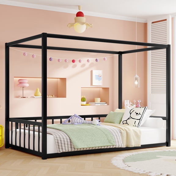 Twin Size Canopy Bed Frame with Guardrails, Kids Montessori Floor Bed with Four Poster Design, Metal Canopy Bed Frame for Girls, Boys, Black