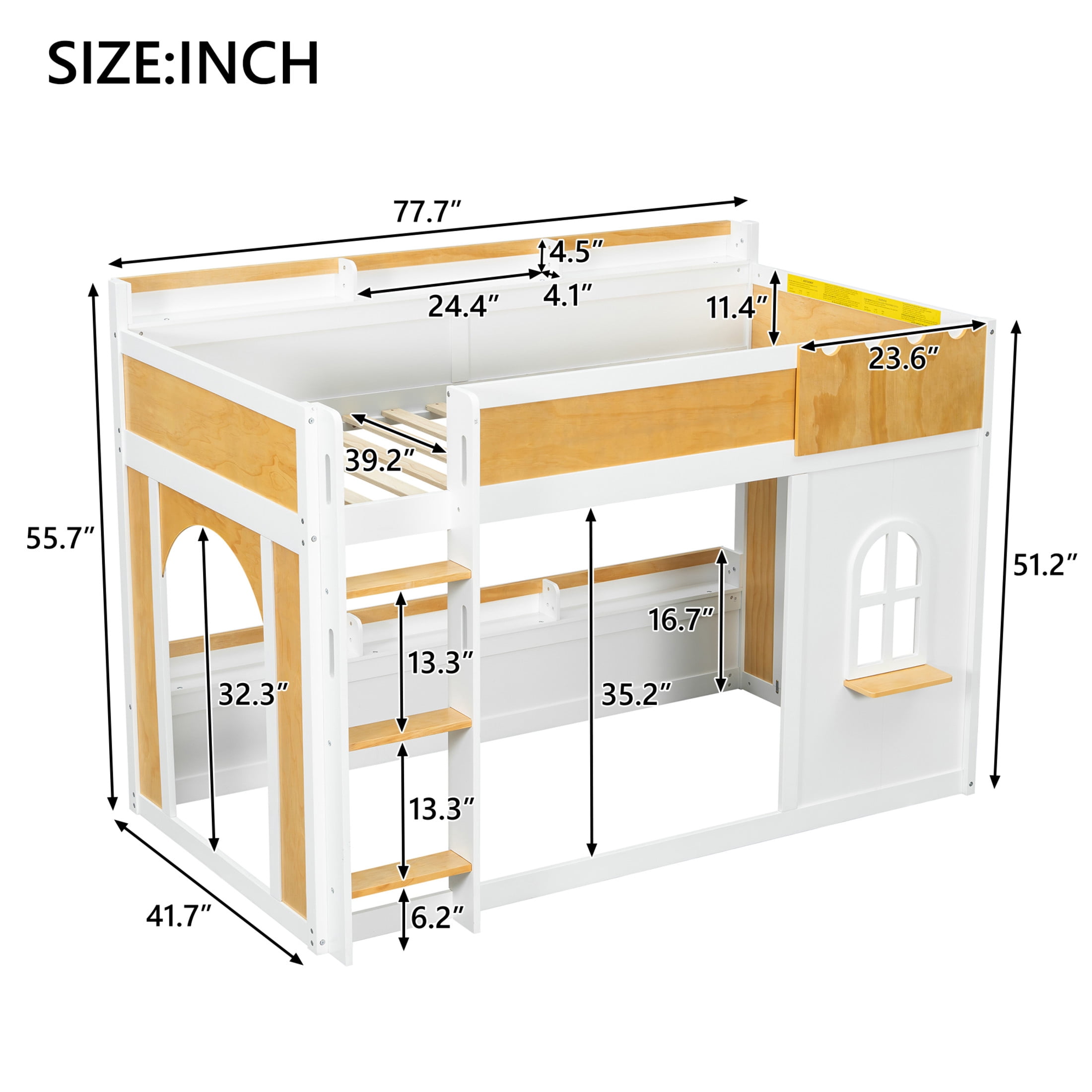 Noble House Thelma Twin over Twin Bunk Bed, Playhouse Design with Storage Shelves and Window, White and Natural