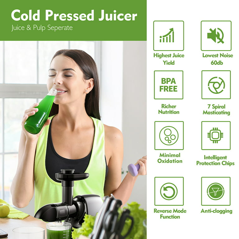 AMZCHEF Cold Press Slow Masticating Juicer with Reverse Mode Knob, High Juice Yield for Fruites and Vegetables, Easy to Clean with Brush & One-Press