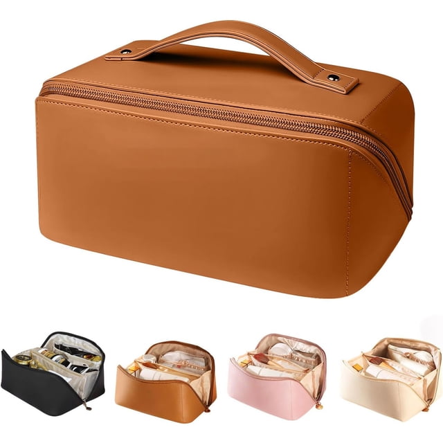 Bolsa de Cosmeticos de Viaje Cosmetiquera para Maquillaje Neceser de Viaje Impermeable Makeup Bag Organizador Portátil de Tocador con Múltiples Compartimentos y Asa Bolsa de Aseo para Mujer Marrón
