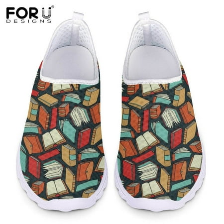 

FORUDESIGNS Ladies Fashion Slip-on Flat Shoes Book Lovers Pattern Mesh Sneakers Shoe Breathable Loafers for Female Shoe Footwear
