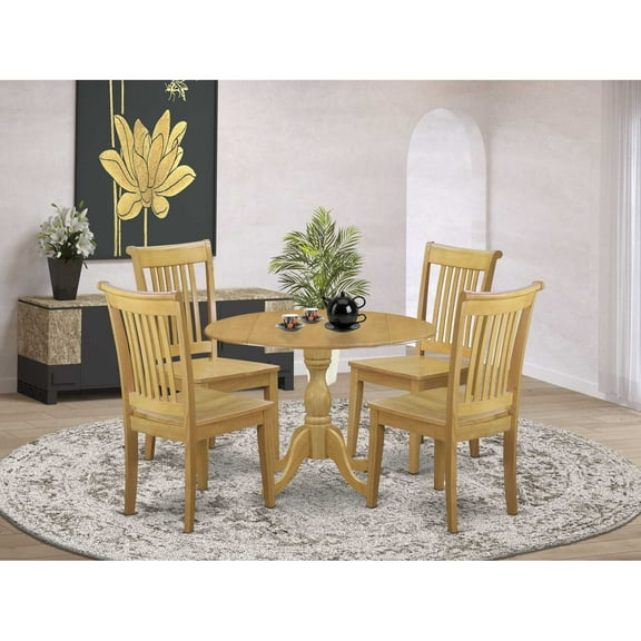 East West Furniture DMPO5-OAK-W 5 Piece Wooden Dining Table Set - Oak Modern Dining Table and 4 Oak Wood Dining Chairs with Slatted Back - Oak Finish
