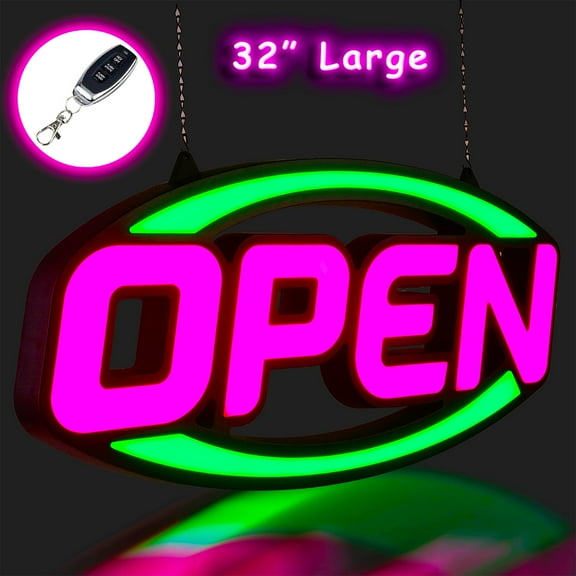 Extar Large Open Sign for Businbess - Ultra Bright LED Open Neon Sign for Store w/ Key Fob Remote Control - Animated Flashing LED Open Signs, Shop Light (32" x 16" Oval, Pink & Green)