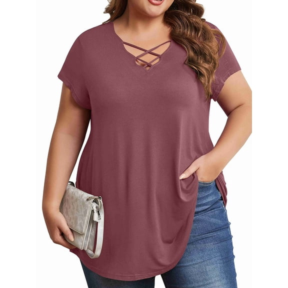 Womens Plus Size Tops Criss Cross V Neck Short Sleeve Summer Casual Blouses, Wine-2X