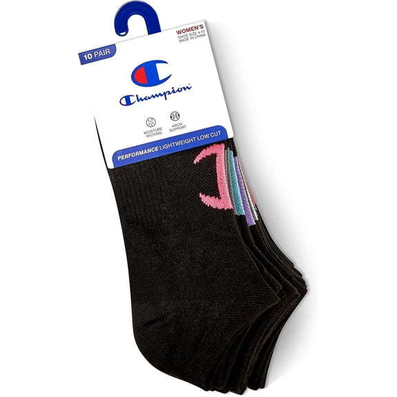 CHAMPION SOCKS WOMEN'S - LOW CUT - 253 BLACK LOGO - SHOE SZ 4-10 PACK 10