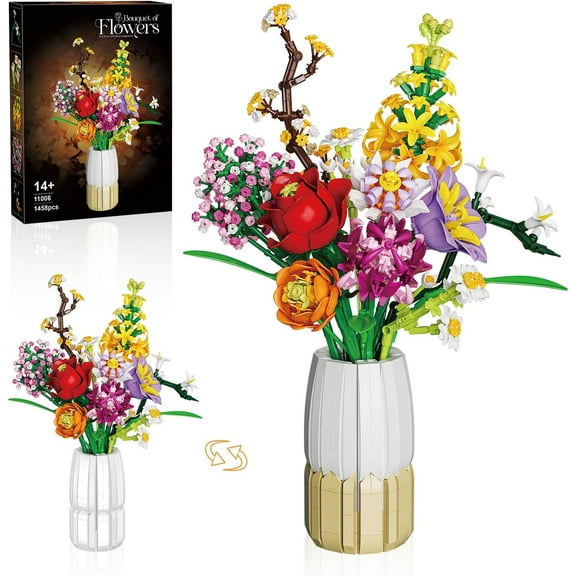 BrixVibe Rose Flower Bouquet Building Set with Vase Compatible with Lego Flowers Botanicals Collection for Adults Women 1457pcs