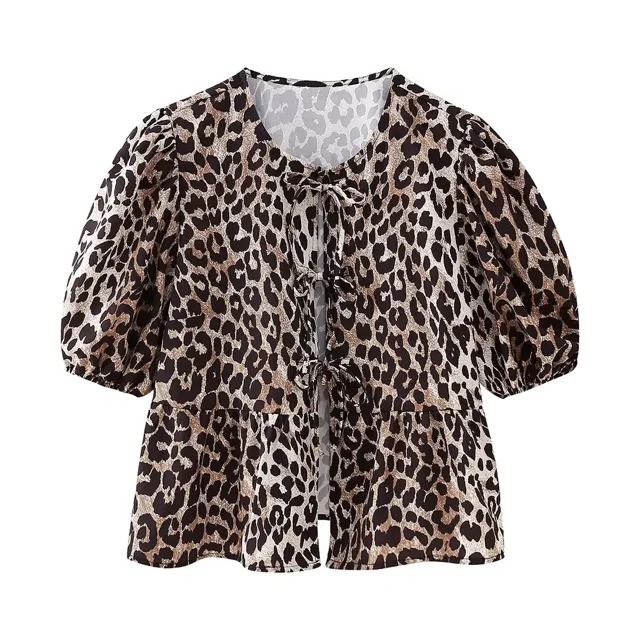 Camisa de leopardo para mujer, Top corto de verano, Blusa de manga abullonada con cierre de cordones, ropa nueva