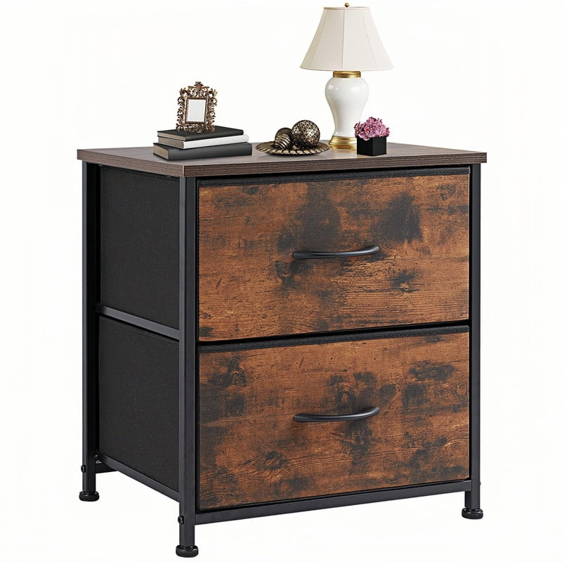 Kelno Nightstand 2 Drawers Fabric Storage Dresser Small Bedside Table Wood Top, Rustic Brown