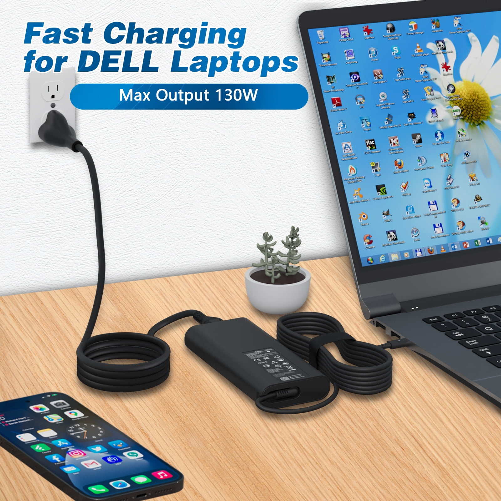 130W USB C Charger for Dell Laptop: Replacement Dell Precision 5560 5550 5570 5520 5750 3581 3560 5530 2 in 1 Dell XPS 15 9575 2 in 1 9530 XPS 17 9720 9730 Latitude 5440 5540 7440 AC Power Adapter