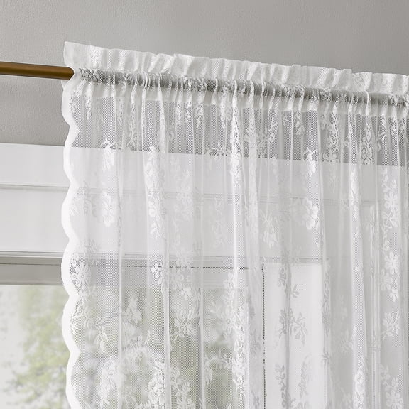 No. 918 Lillemor 2-pack Vintage Floral Lace Sheer Rod Pocket Curtain Panel Pair, White, 50"W x 84"L (2 Panels)