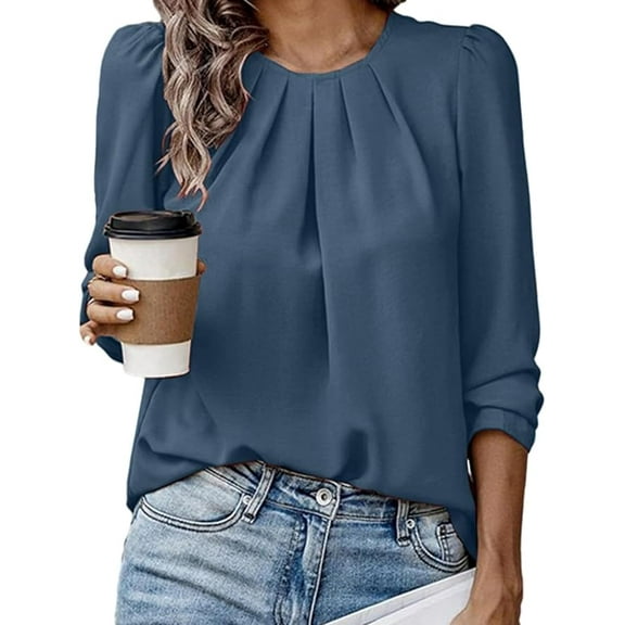 Women's Round Neck Wrinkled Casual Fashion Solid Colour Long Sleeve Round Neck Shirt