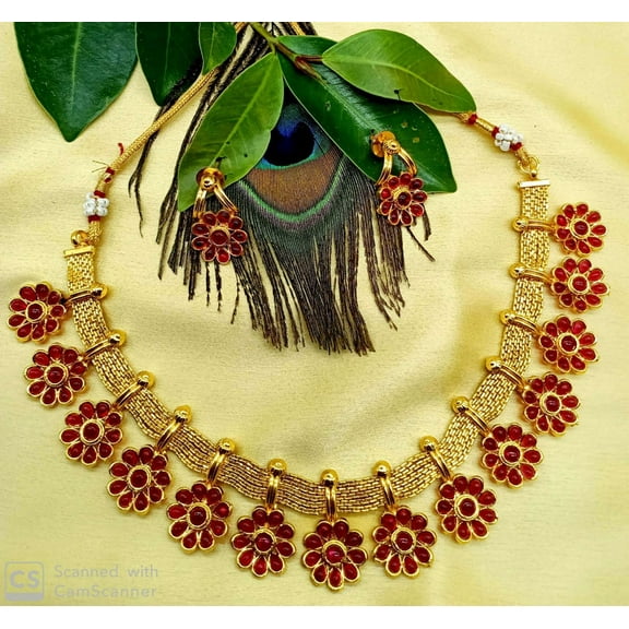 Gold Plated Red Floral Necklace Set with Earrings – Traditional Indian Ethnic Jewelry for Women