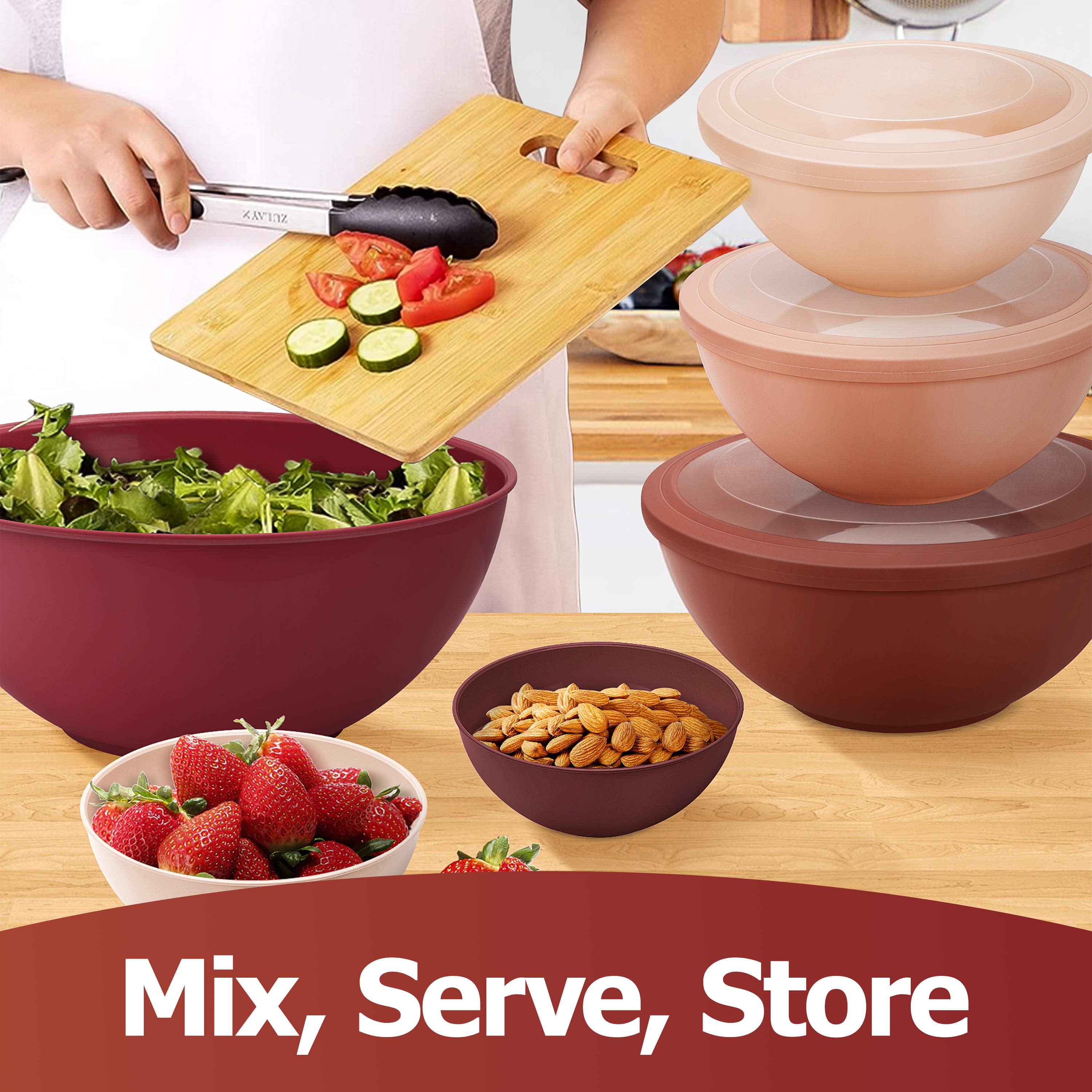 Vesteel 6-Piece Mixing Bowl Set With Lids, Red photo 7
