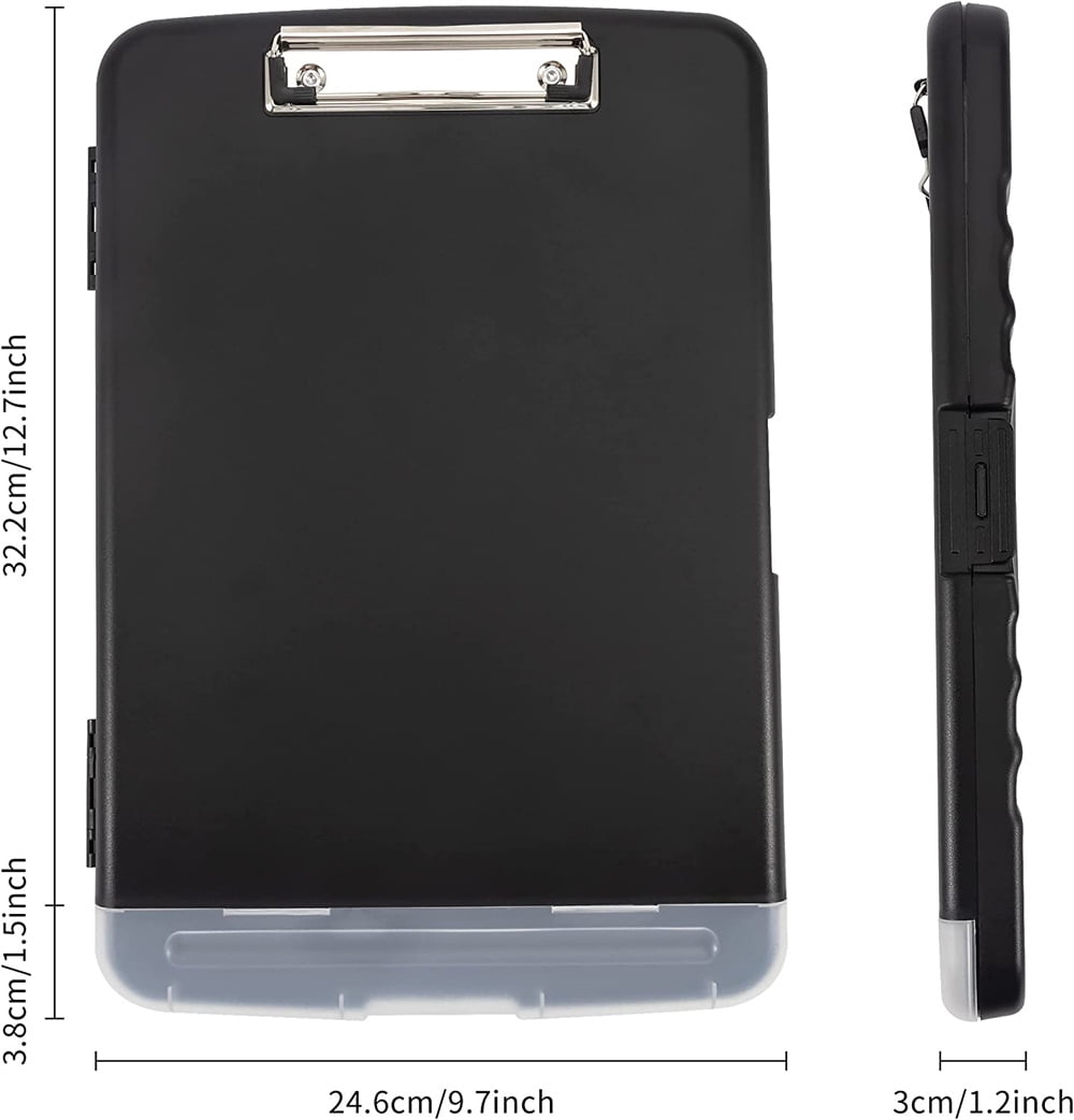 NOGIS Plastic Clipboard with Storage, High Capacity Nursing Clipboards with Pen Holder, Slim Clipboard Storage Box with Heavy Duty Clips, Clipboard Folder Side-Opening, Black
