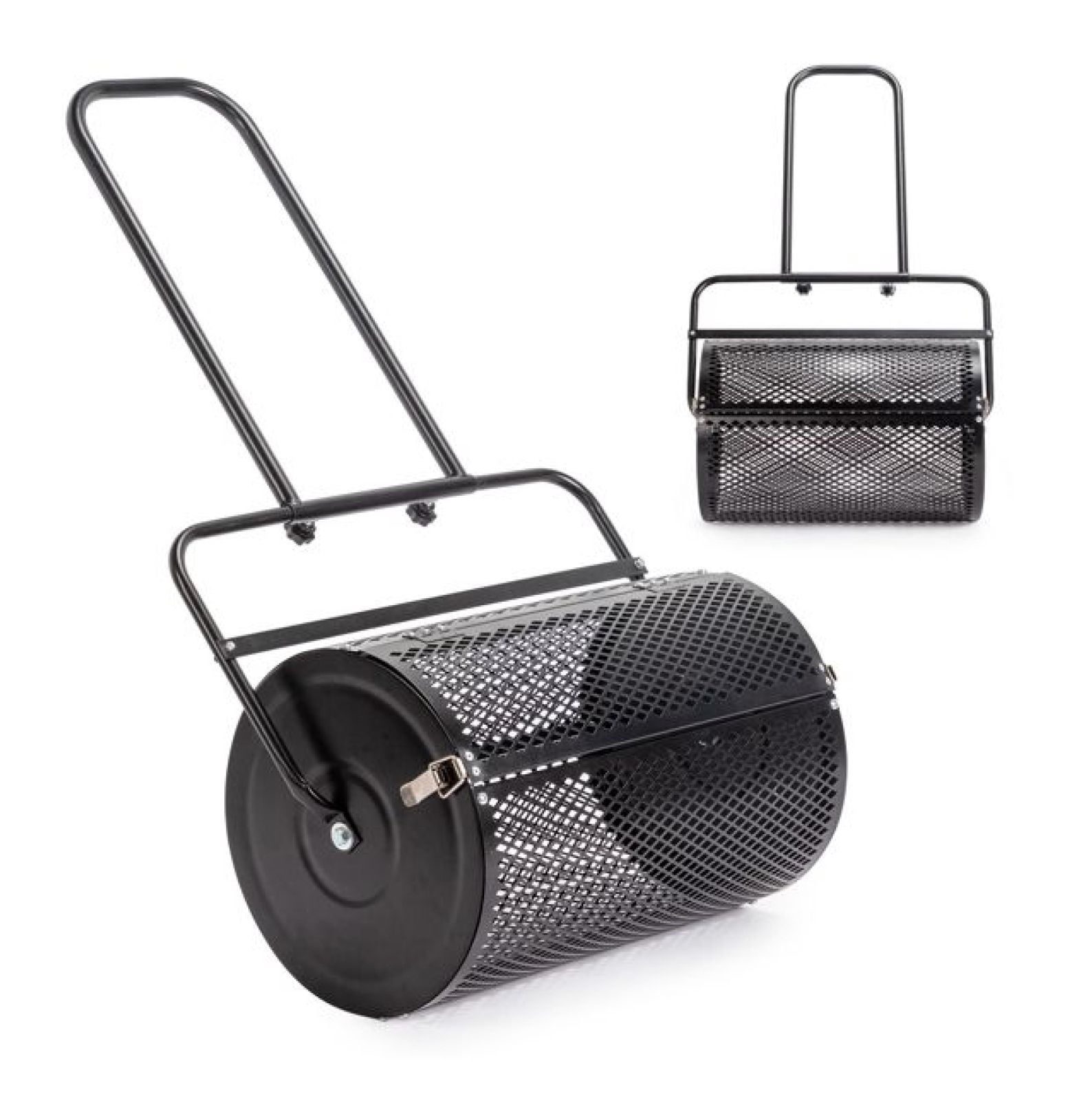 24 inch Compost Spreader for Lawn, Garden Peat Moss with Double Side Latches, Powder Coated Steel Mesh Basket for Topdressing & Seedling, Black