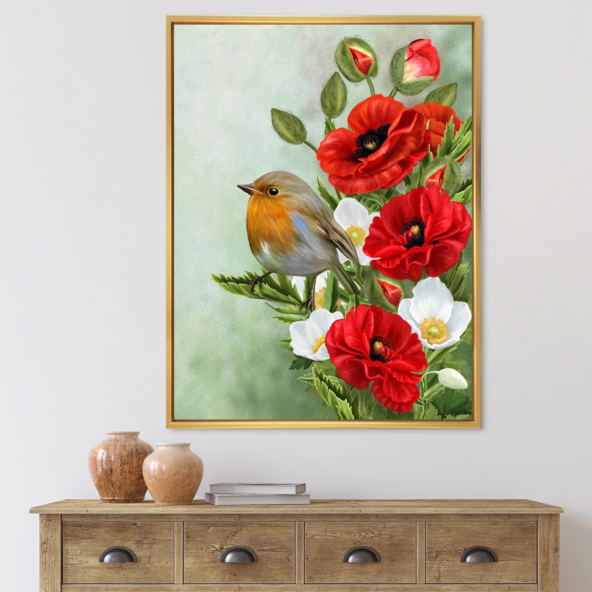 Designart 'Red Poppies and White Anemones With Yellow Bird' Traditional Framed Canvas Wall Art Print