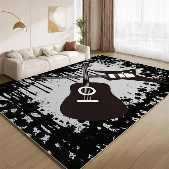 Vintage Guitar Music Area Rugs, Abstract Black Grey Design Carpet, Soft Washable Non Slip Non Shedding Low Pile Rug for Living Room Bedroom Entrance Foyer Decor Mat 5x8ft