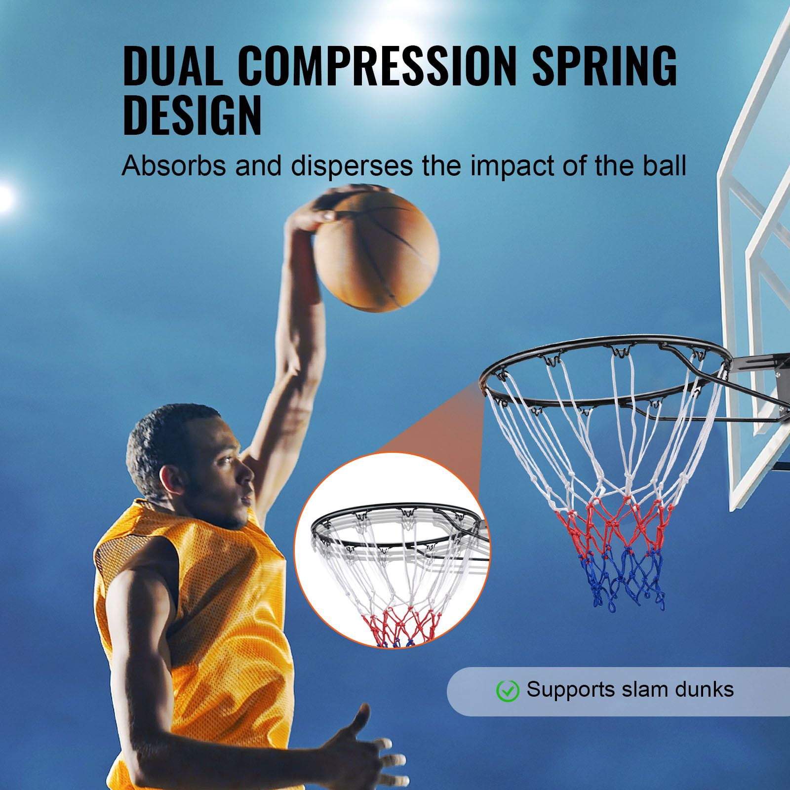 Wall-Mounted Basketball Rim, 18" Standard Flex Goal with Net and Double Spring, Indoor Outdoor