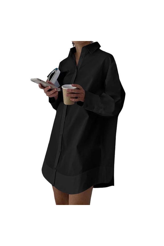 Women's Oversized Longline Shirt Dress Casual Lapel Button Down Maxi Top with Pockets Long Sleeve Loose Fit Cover Up for Spring Summer Daily Vacation