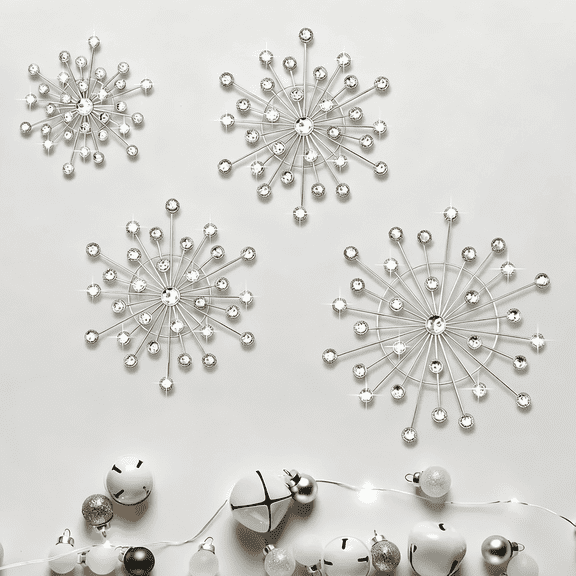 4PCS Starburst Metal Wall Decor Set, Silver Mid Century Wall Art for Living Room Bedroom, Vintage Iron Wall Sculptures in Multiple Sizes, Modern Starburst Wall Accents for Home Decorations