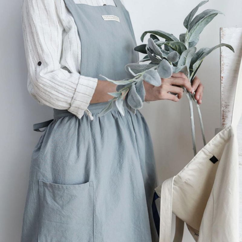 Cooking Apron Simple 100 Washed Cotton Uniform Apron Korean Style