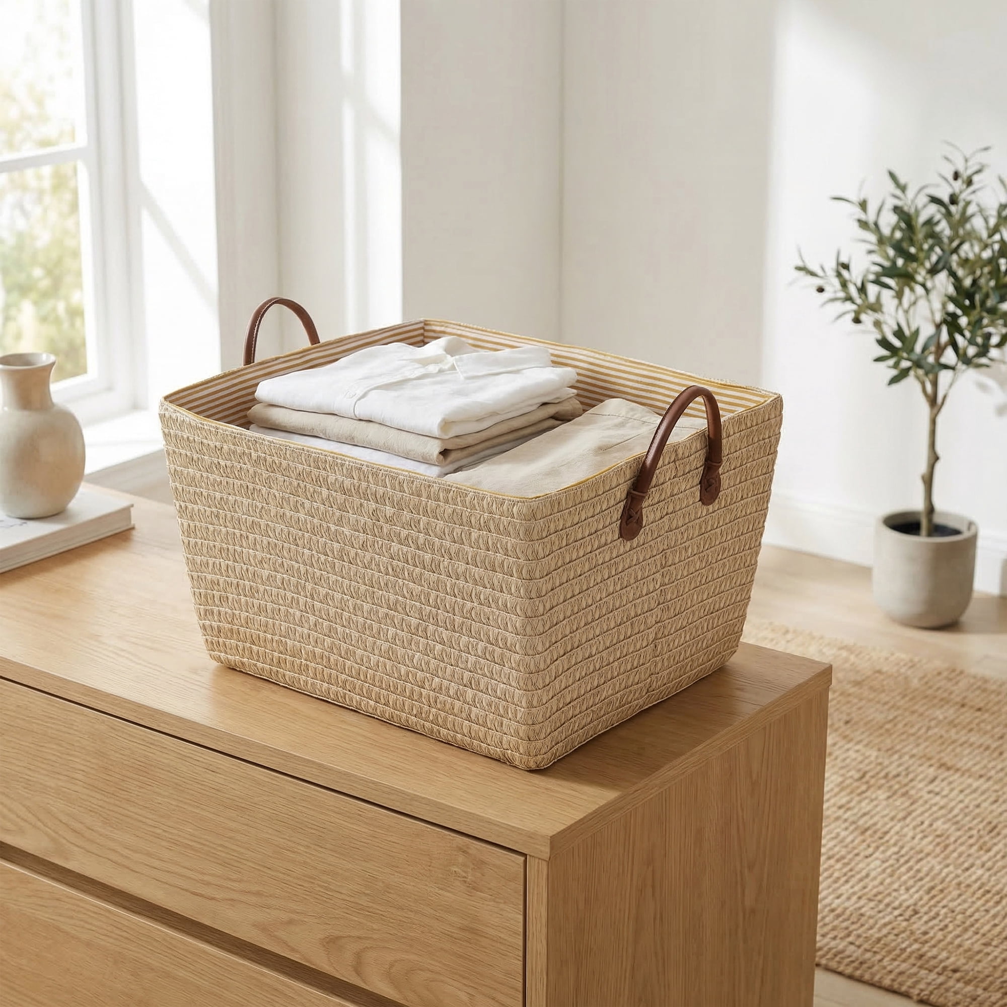 Unique Bargains Good-quality Woven Shelf Closet Storage Bin Light Brown 17.7*13.8*9.8in
