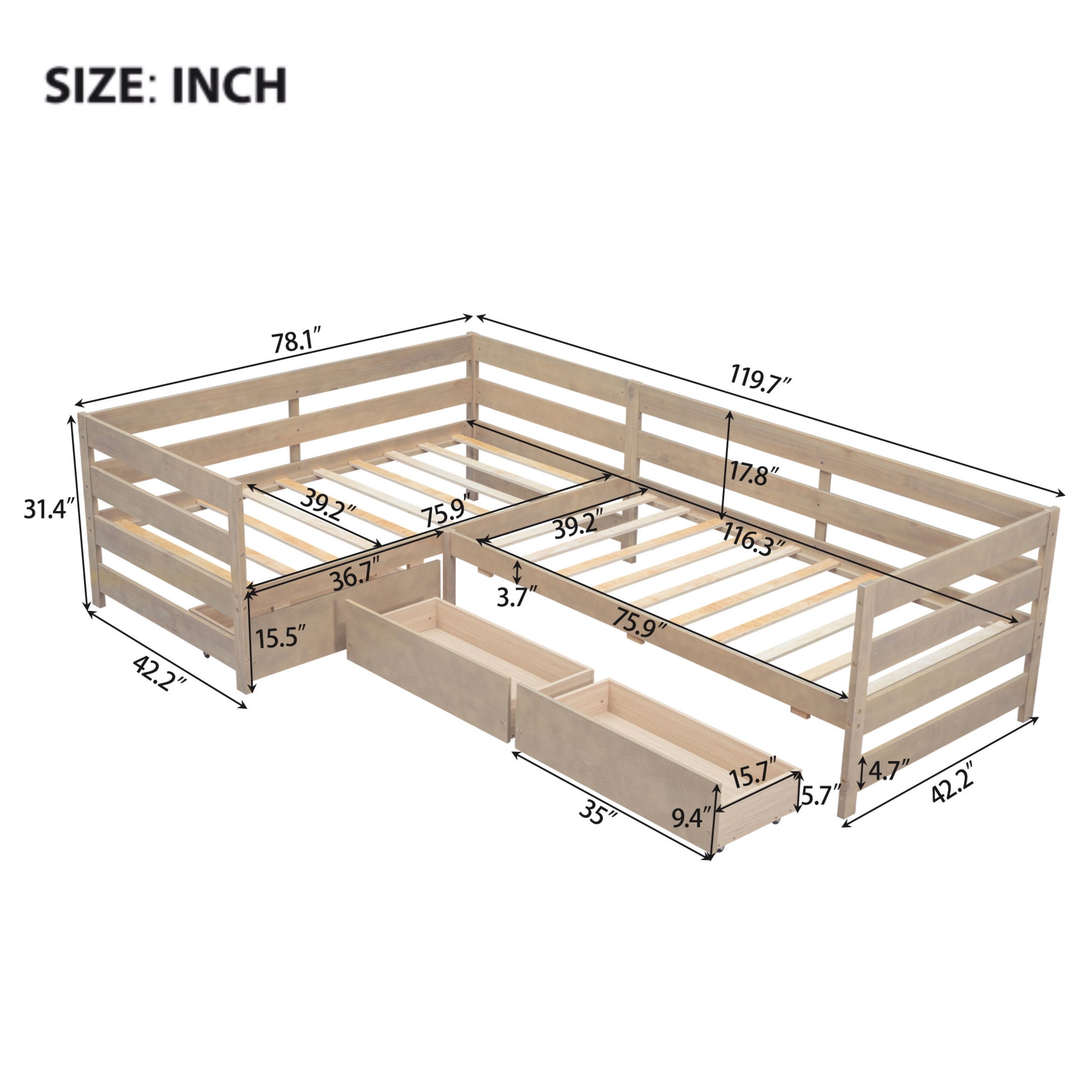 Noble House Carter Twin L-Shaped Platform Bed with 3 Storage Drawers, Solid Wood Corner Bed Frame, Natural