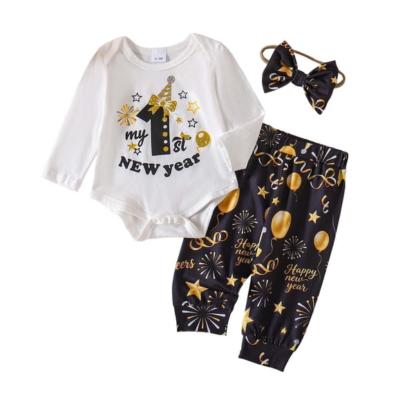 Tiijoy Girls New Year Outfits Long Sleeve Romper Pants Hairband Set, Sizes 6-12M
