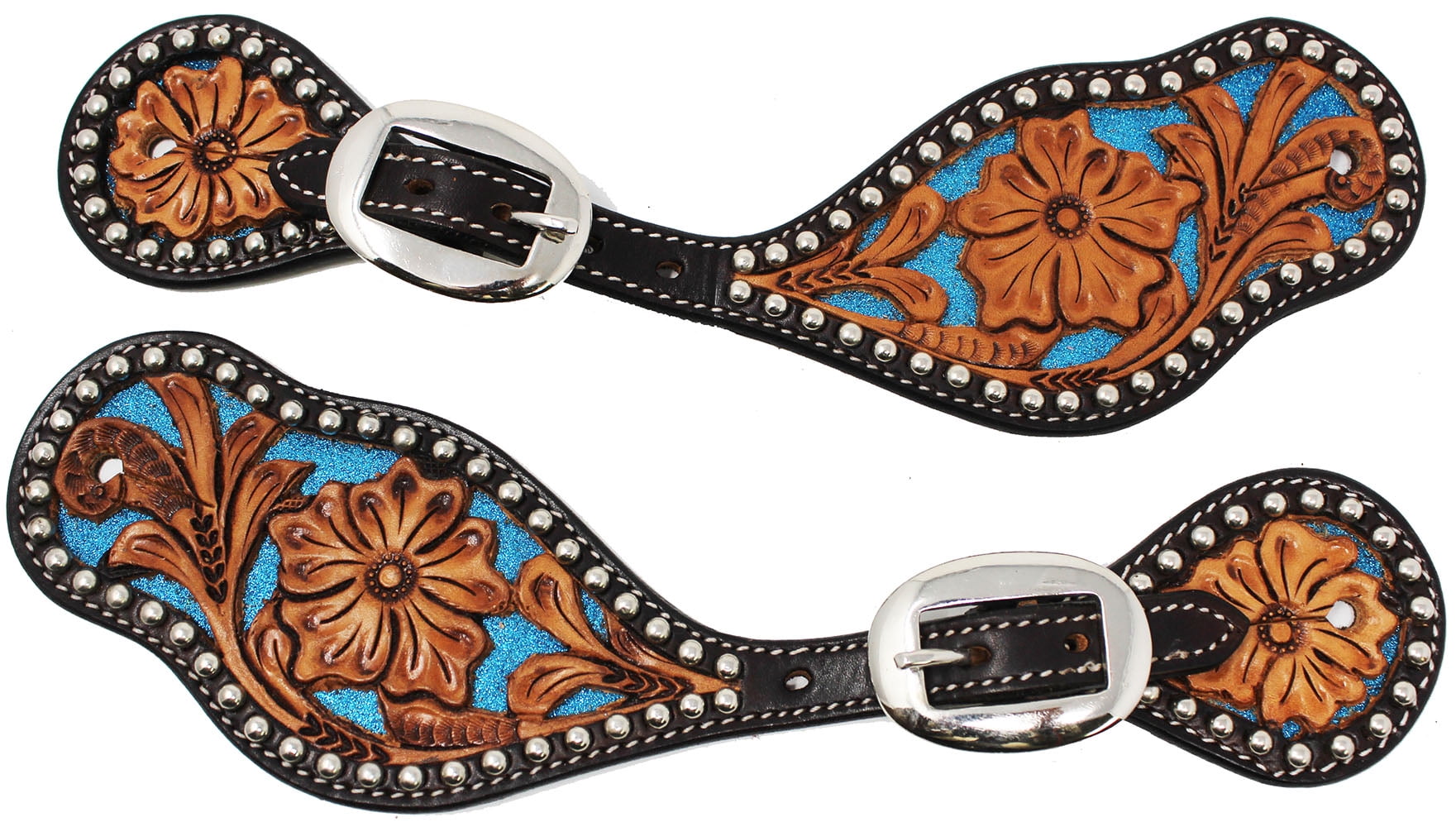 Horse Western Tooled Leather Studded Cowboy Boots Spur Straps 74RT0107