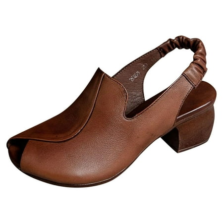 Blphud Formal Shoes Women Summer Shoes for Women 2024 Womens Casual Shoes Women New Pattern Fashion Simple Solid Color Comfortable Thick Heel Open Toe Retro Shoes Leather Walking Shoes Brown 38