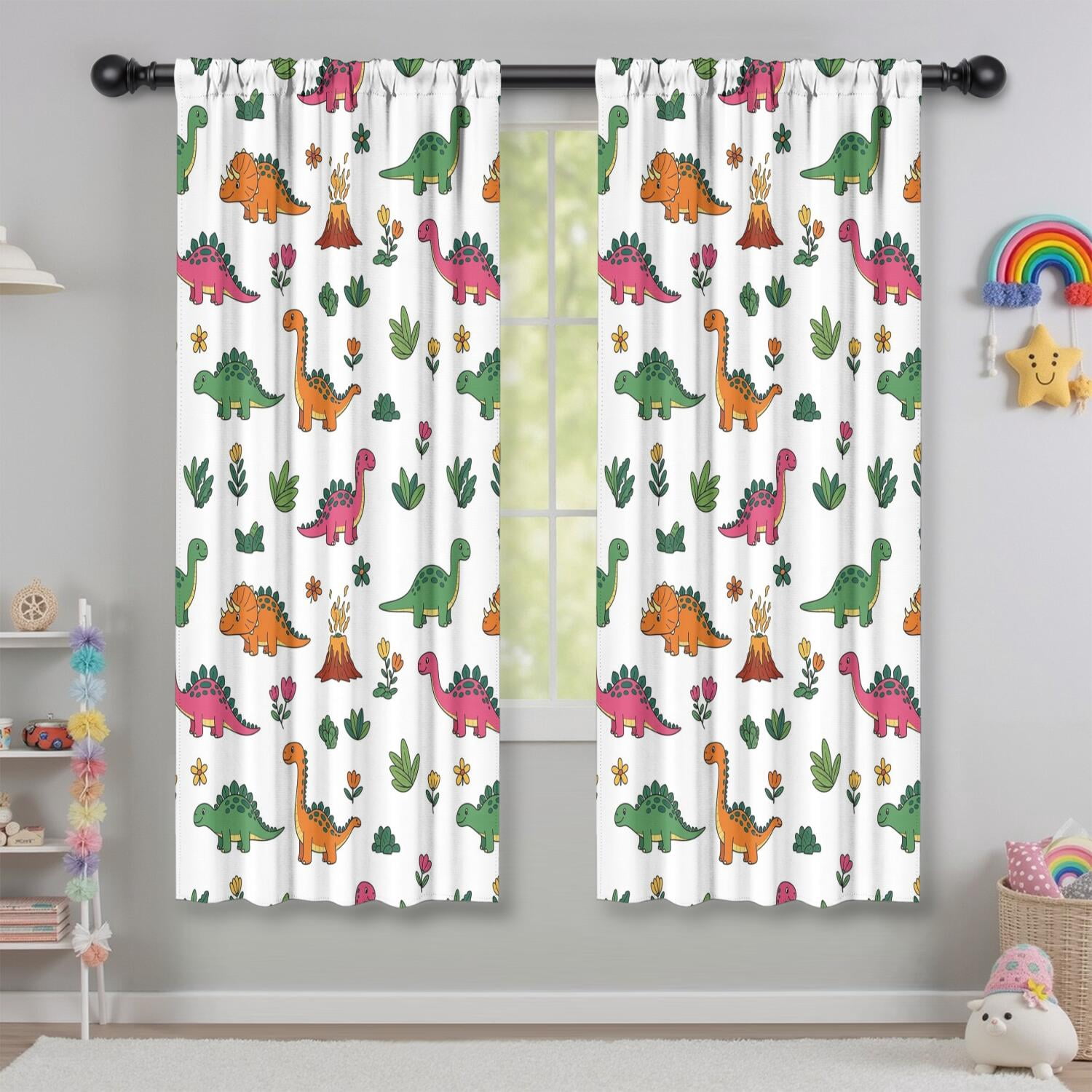 Blackout Kids Curtains,Dinosaur and Volcano Pattern Childrens Insulated Curtains Set Of 2,Bedroom Essentials,Toddler Room Decor 42"x63"