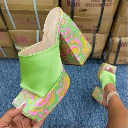 

Feiboyy Fashion Spring Summer Women Sandals Thick Soled Chunky Heel Super High Heel Peep Toe Cow Flower Print Sexy Style
